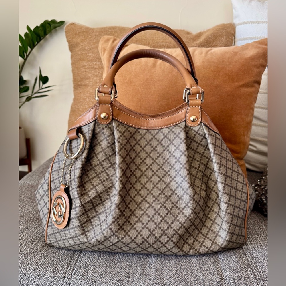 GUCCI Sukey Diamante Brown Patterned Tote Bag with Tan Leather Trim